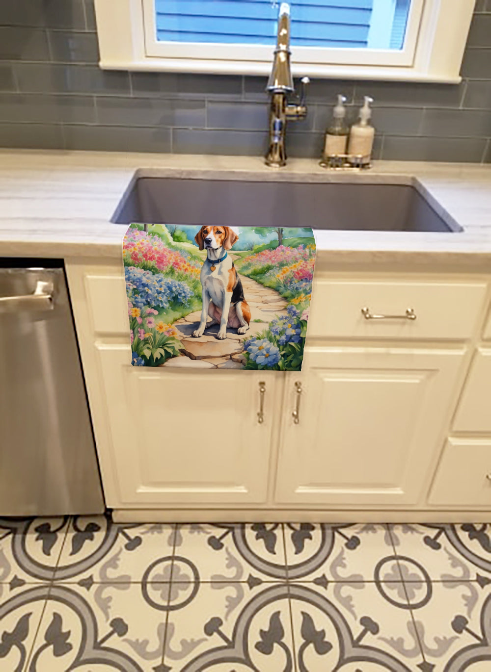 English Foxhound Spring Path Kitchen Towel Velour Plush Front and Cotton Loop Back Machine Washable