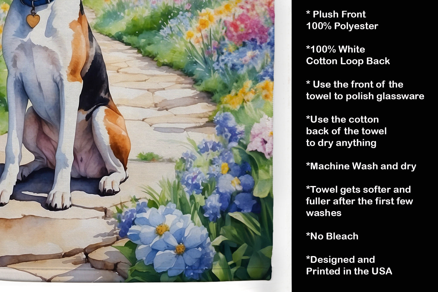 English Foxhound Spring Path Kitchen Towel Velour Plush Front and Cotton Loop Back Machine Washable