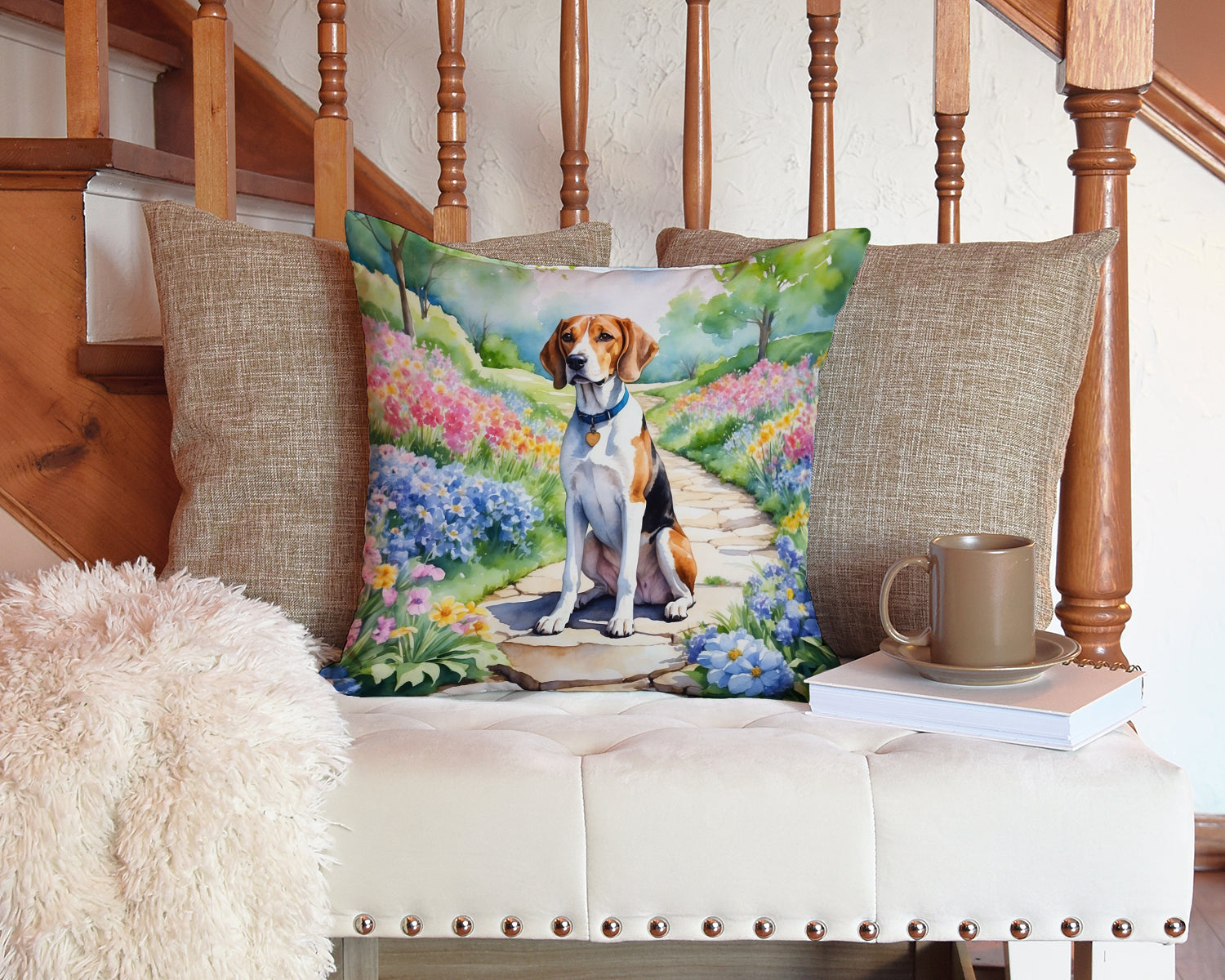 English Foxhound Spring Path Decorative Throw Pillow 14x14 Indoor Outdoor Accent Cushion, Fabric Cover with Insert for Sofa, Bed, Porch & Living Room