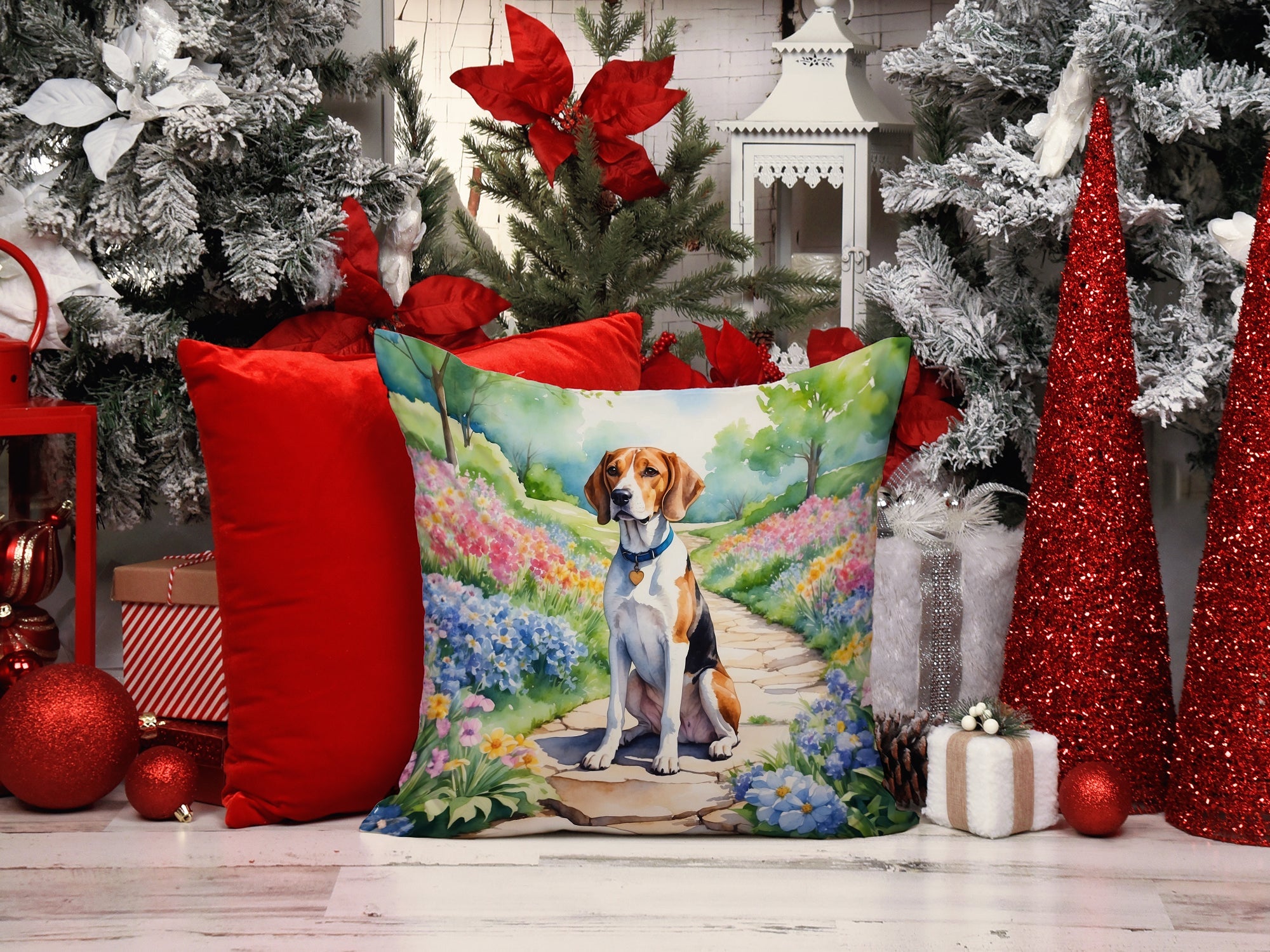 English Foxhound Spring Path Decorative Throw Pillow 14x14 Indoor Outdoor Accent Cushion, Fabric Cover with Insert for Sofa, Bed, Porch & Living Room