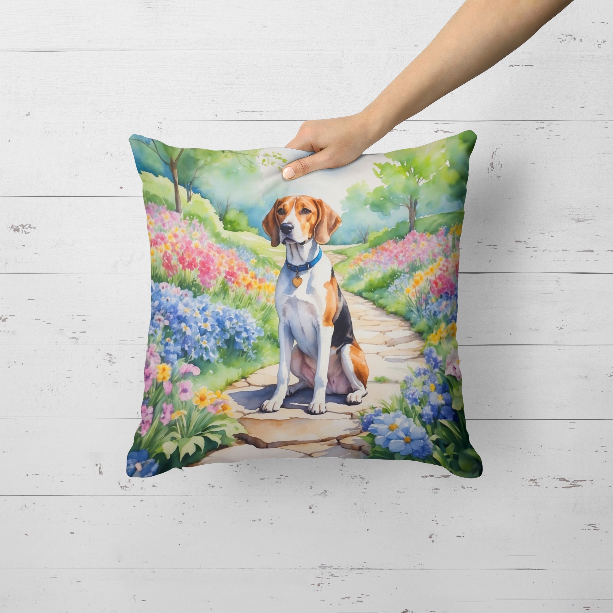 English Foxhound Spring Path Decorative Throw Pillow 18x18 Indoor Outdoor Accent Cushion, Fabric Cover with Insert for Sofa, Bed, Porch & Living Room