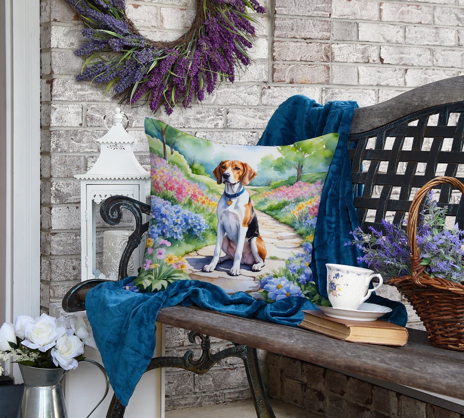English Foxhound Spring Path Decorative Throw Pillow 18x18 Indoor Outdoor Accent Cushion, Fabric Cover with Insert for Sofa, Bed, Porch & Living Room