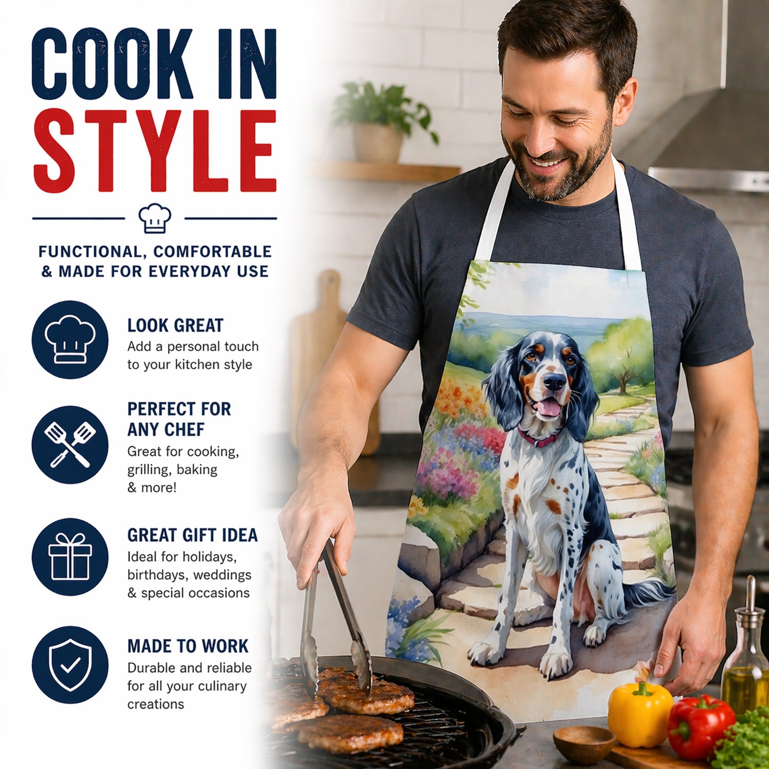 English Setter Spring Path Apron Cooking Kitchen Server Baking Crafts Gardening for Adult Women Men, Unisex, Large, Multicolor