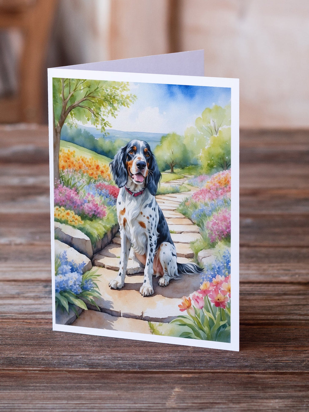 English Setter Spring Path Greeting Cards Pack of 8 Blank Cards with Envelopes Whimsical A7 Size 5x7
