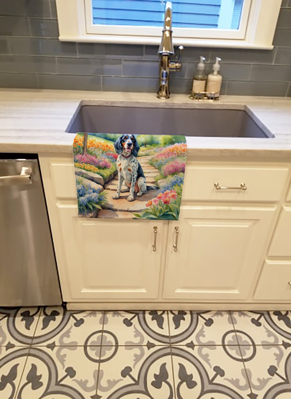 English Setter Spring Path Kitchen Towel Velour Plush Front and Cotton Loop Back Machine Washable