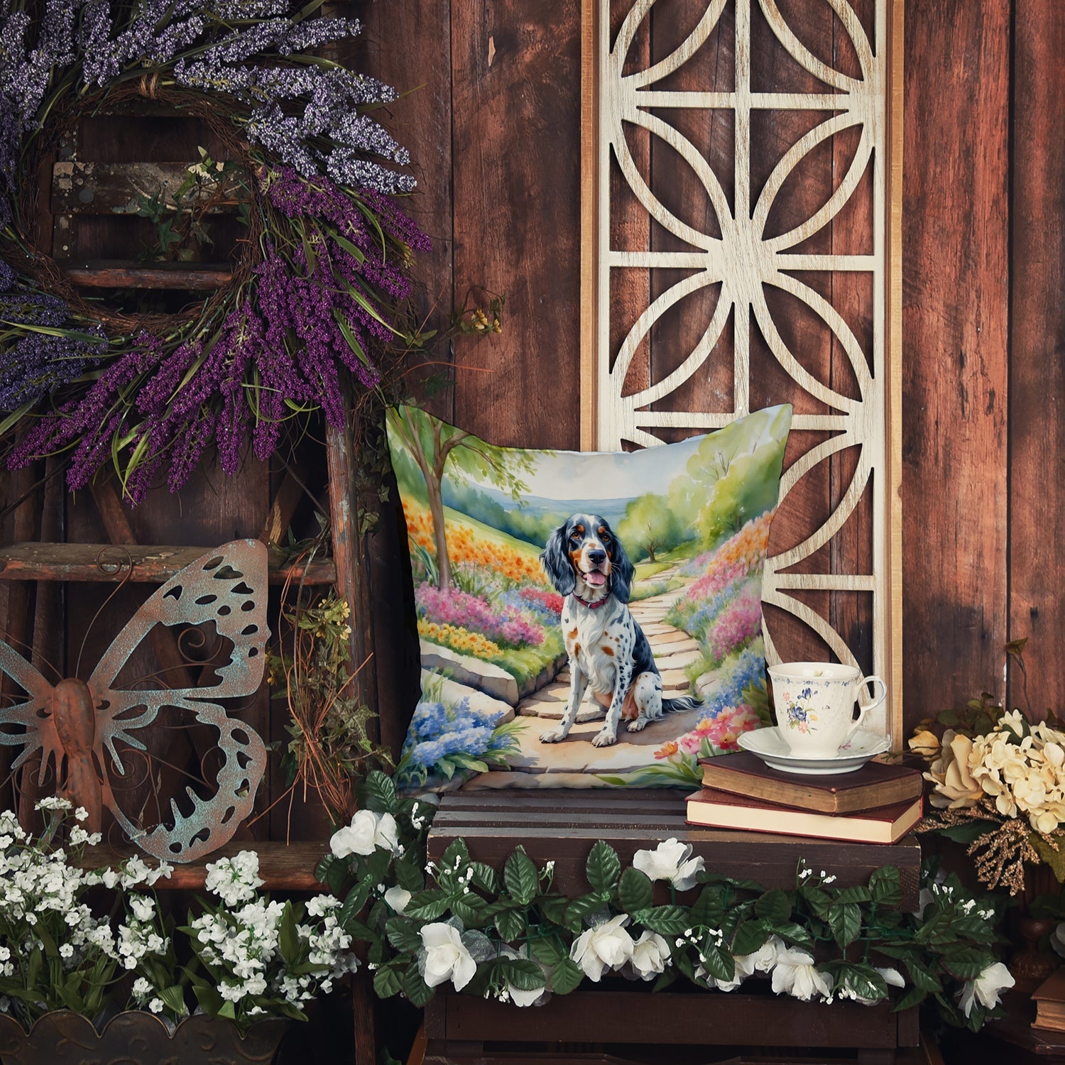 English Setter Spring Path Decorative Throw Pillow 18x18 Indoor Outdoor Accent Cushion, Fabric Cover with Insert for Sofa, Bed, Porch & Living Room