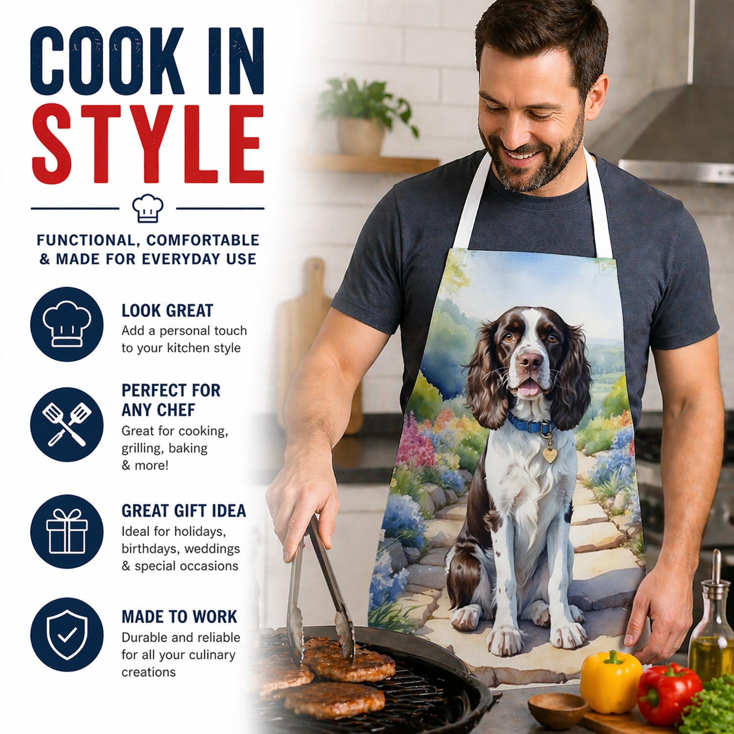 English Springer Spaniel Spring Path Apron Cooking Kitchen Server Baking Crafts Gardening for Adult Women Men, Unisex, Large, Multicolor