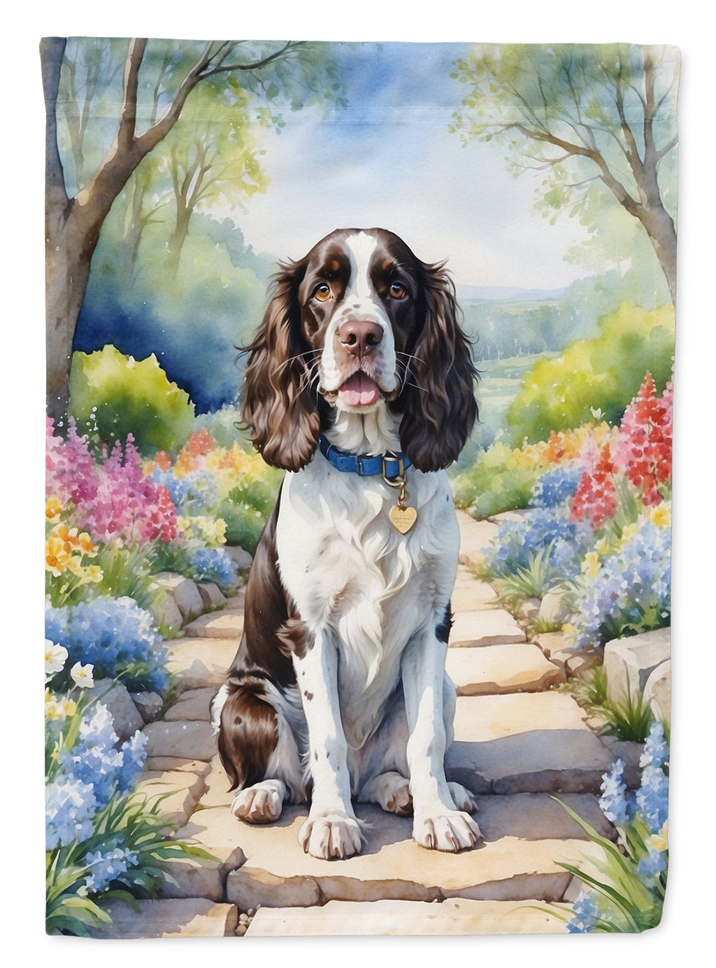 English Springer Spaniel Spring Path House Flag 28x40 Porch Sleeve Pole Decorative Outside Yard Banner Artwork Wall Hanging, Polyester