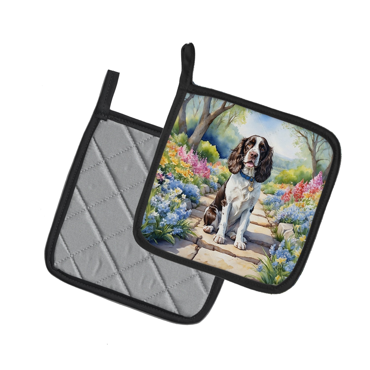 English Springer Spaniel Spring Path Pot Holder Set of 2 Heat Resistant Quilted Hot Pads 7.5 x 7.5 Inch, Insulated Kitchen Trivets for Cooking & Baking
