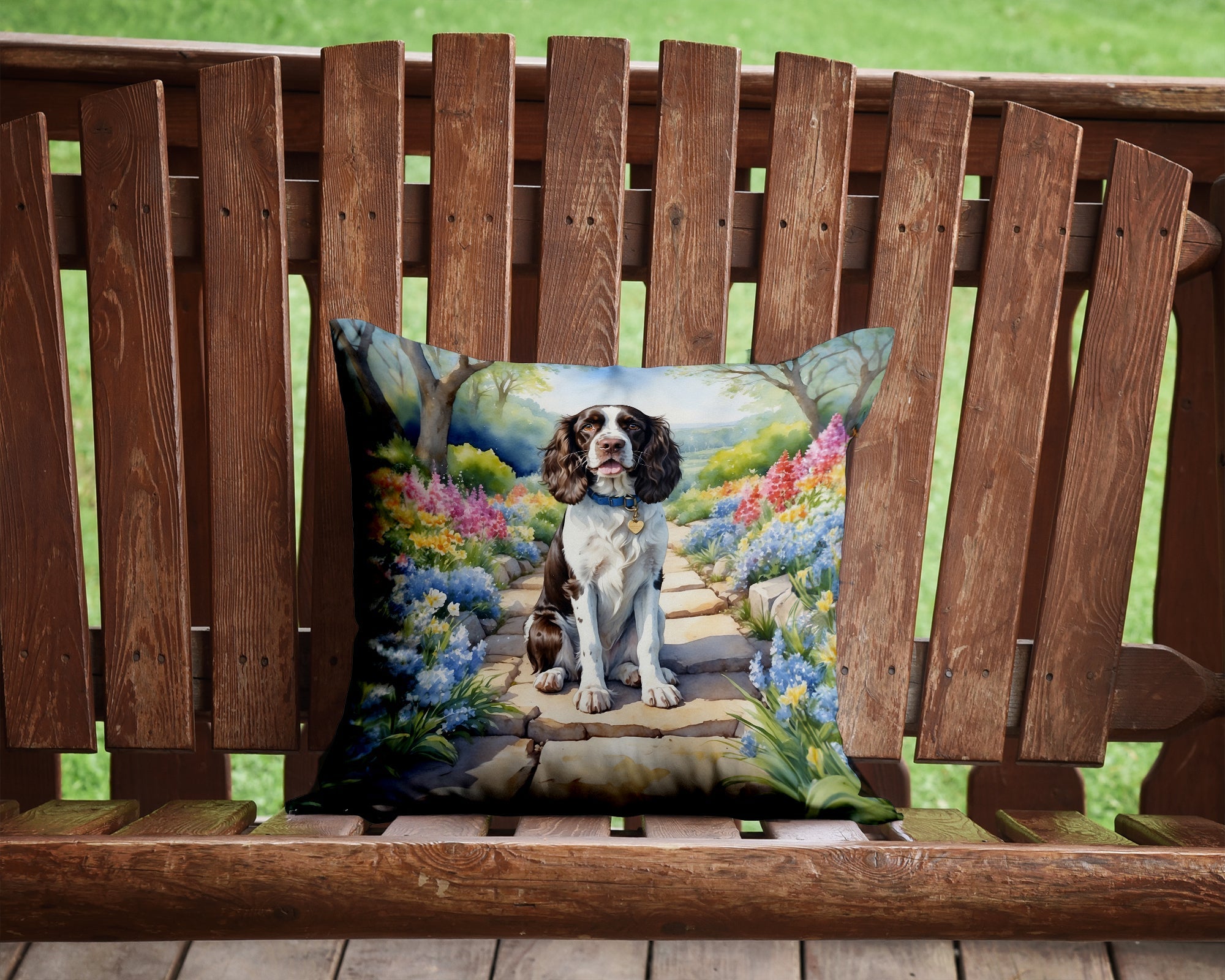 English Springer Spaniel Spring Path Decorative Throw Pillow 14x14 Indoor Outdoor Accent Cushion, Fabric Cover with Insert for Sofa, Bed, Porch & Living Room