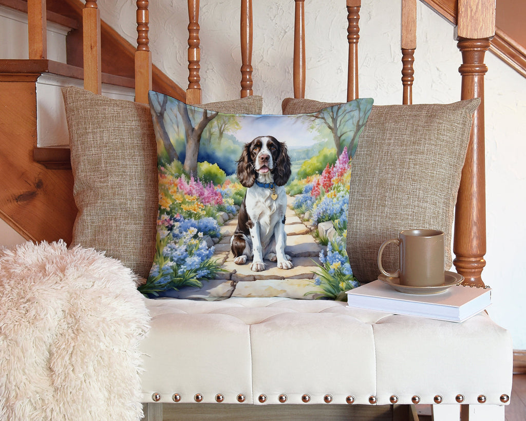 English Springer Spaniel Spring Path Decorative Throw Pillow 14x14 Indoor Outdoor Accent Cushion, Fabric Cover with Insert for Sofa, Bed, Porch & Living Room