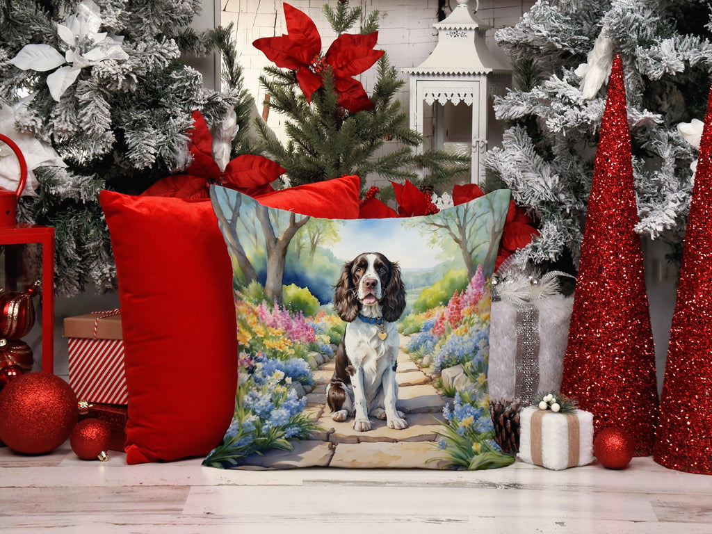 English Springer Spaniel Spring Path Decorative Throw Pillow 14x14 Indoor Outdoor Accent Cushion, Fabric Cover with Insert for Sofa, Bed, Porch & Living Room