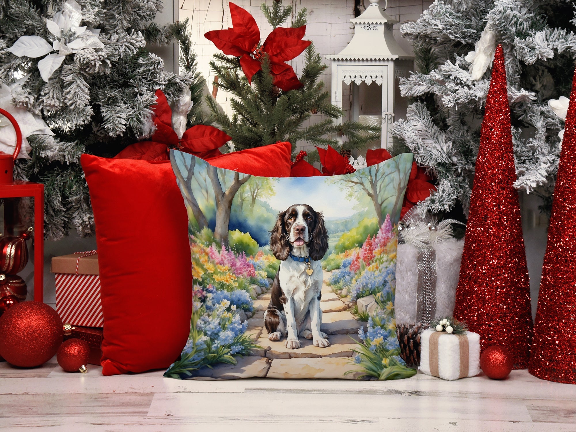 English Springer Spaniel Spring Path Decorative Throw Pillow 14x14 Indoor Outdoor Accent Cushion, Fabric Cover with Insert for Sofa, Bed, Porch & Living Room