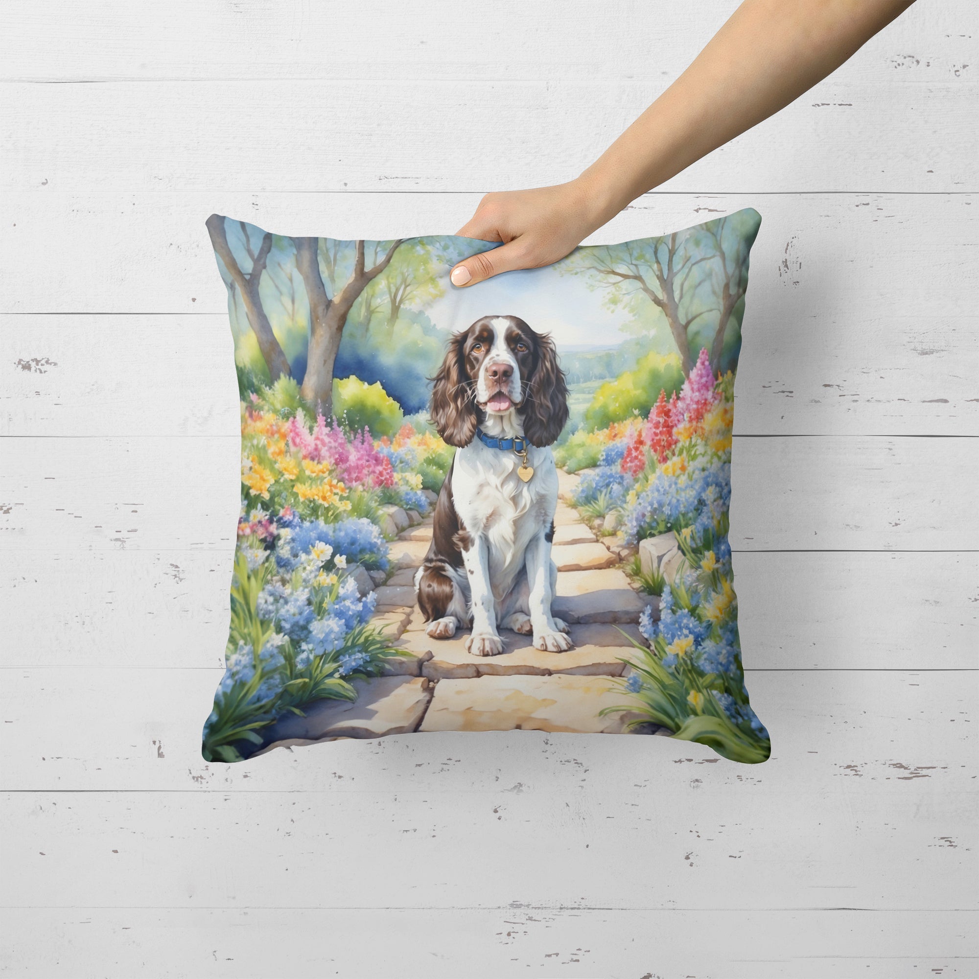 English Springer Spaniel Spring Path Decorative Throw Pillow 18x18 Indoor Outdoor Accent Cushion, Fabric Cover with Insert for Sofa, Bed, Porch & Living Room