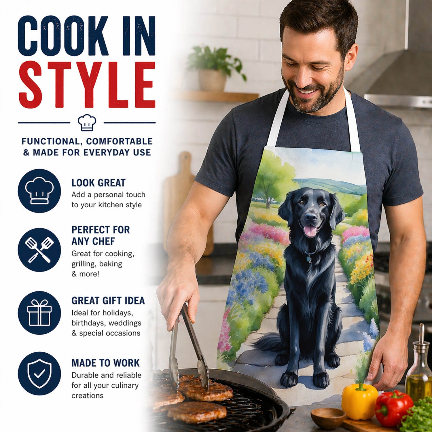 Flat-Coated Retriever Spring Path Apron Cooking Kitchen Server Baking Crafts Gardening for Adult Women Men, Unisex, Large, Multicolor