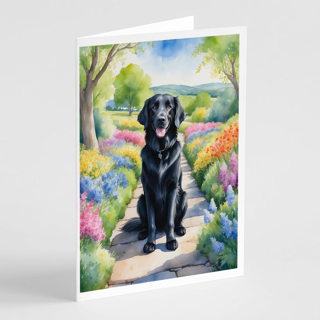 Flat-Coated Retriever Spring Path Greeting Cards Pack of 8 Blank Cards with Envelopes Whimsical A7 Size 5x7