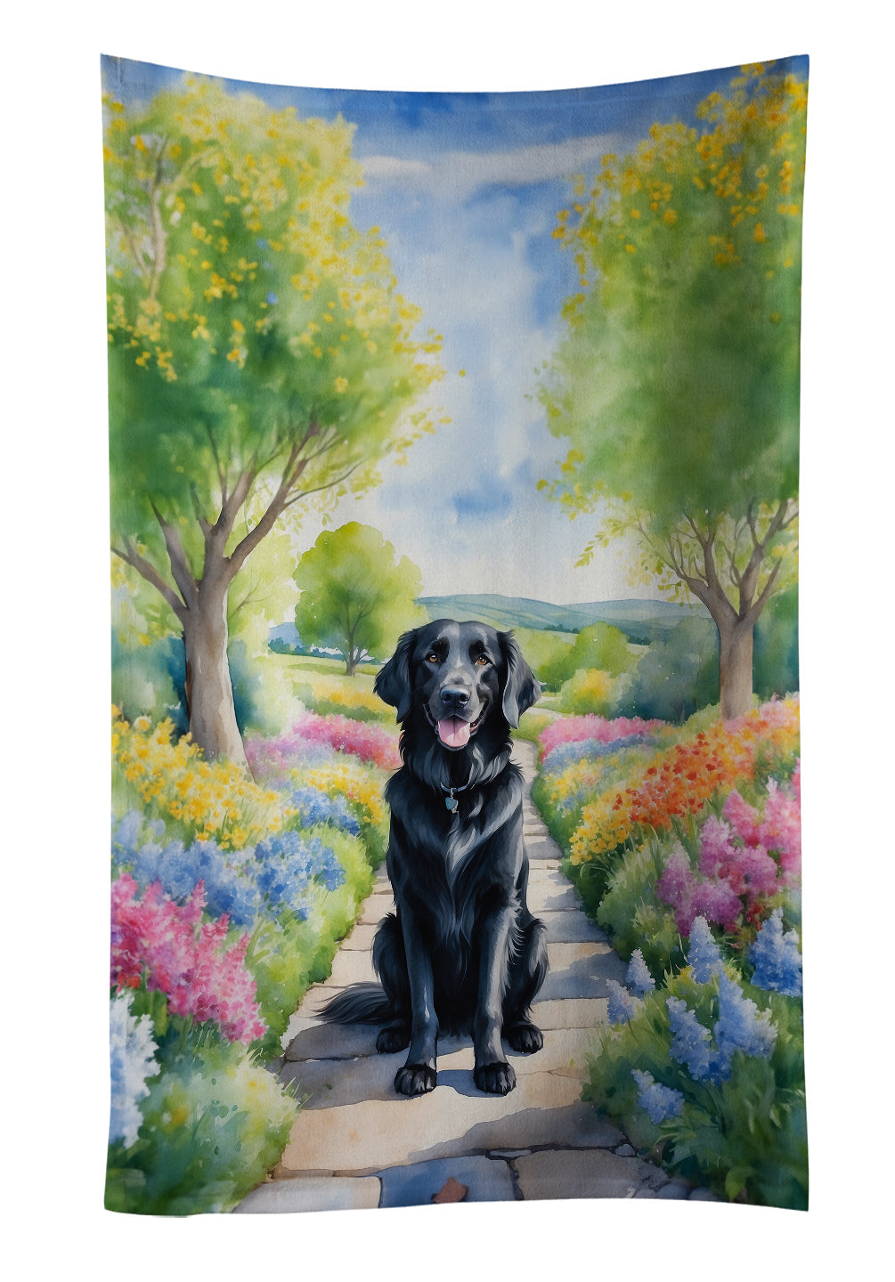 Flat-Coated Retriever Spring Path Kitchen Towel Velour Plush Front and Cotton Loop Back Machine Washable