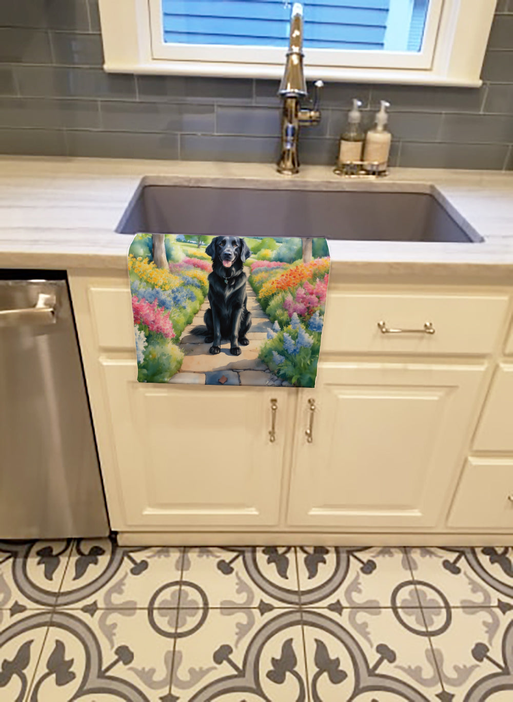 Flat-Coated Retriever Spring Path Kitchen Towel Velour Plush Front and Cotton Loop Back Machine Washable