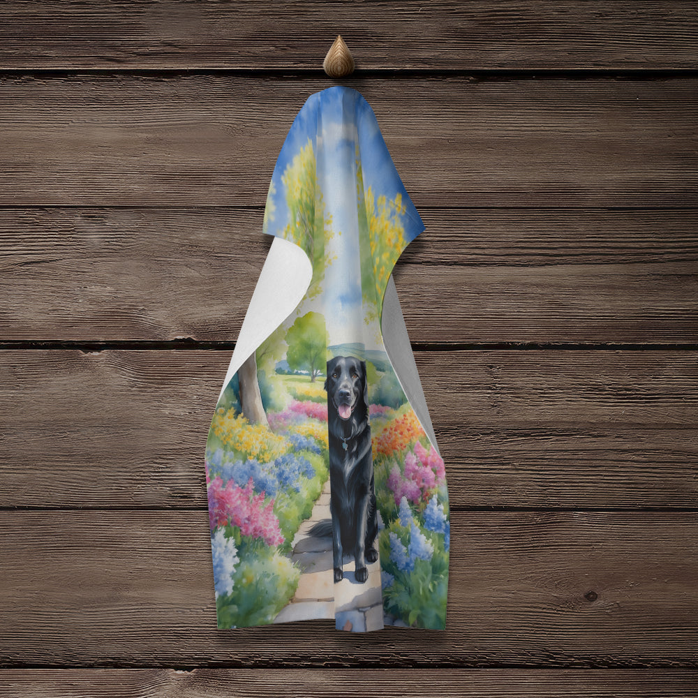 Flat-Coated Retriever Spring Path Kitchen Towel Velour Plush Front and Cotton Loop Back Machine Washable
