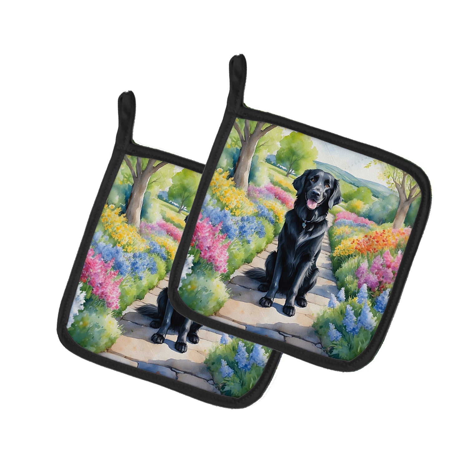 Flat-Coated Retriever Spring Path Pot Holder Set of 2 Heat Resistant Quilted Hot Pads 7.5 x 7.5 Inch, Insulated Kitchen Trivets for Cooking & Baking
