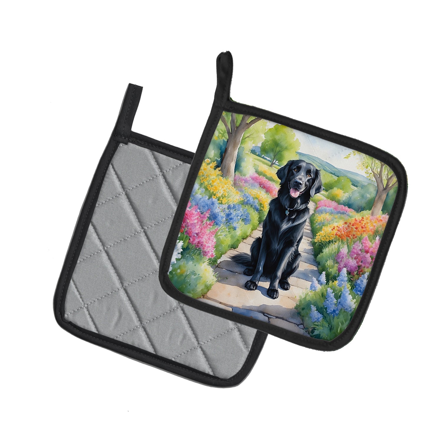 Flat-Coated Retriever Spring Path Pot Holder Set of 2 Heat Resistant Quilted Hot Pads 7.5 x 7.5 Inch, Insulated Kitchen Trivets for Cooking & Baking
