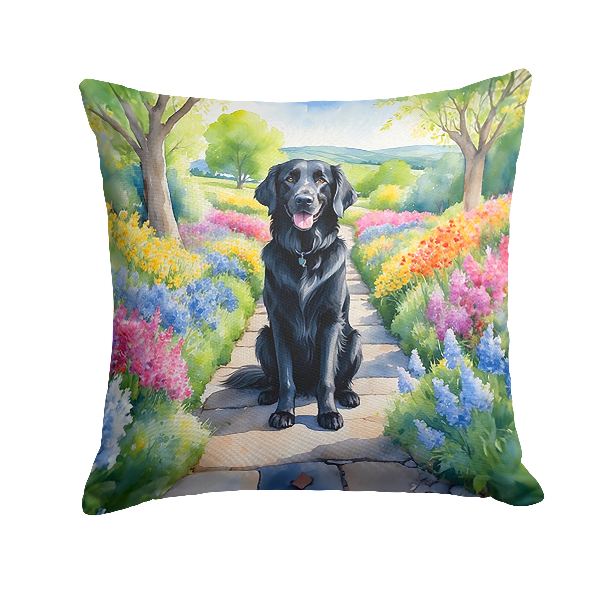Flat-Coated Retriever Spring Path Decorative Throw Pillow 18x18 Indoor Outdoor Accent Cushion, Fabric Cover with Insert for Sofa, Bed, Porch & Living Room
