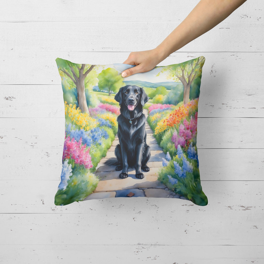Flat-Coated Retriever Spring Path Decorative Throw Pillow 18x18 Indoor Outdoor Accent Cushion, Fabric Cover with Insert for Sofa, Bed, Porch & Living Room