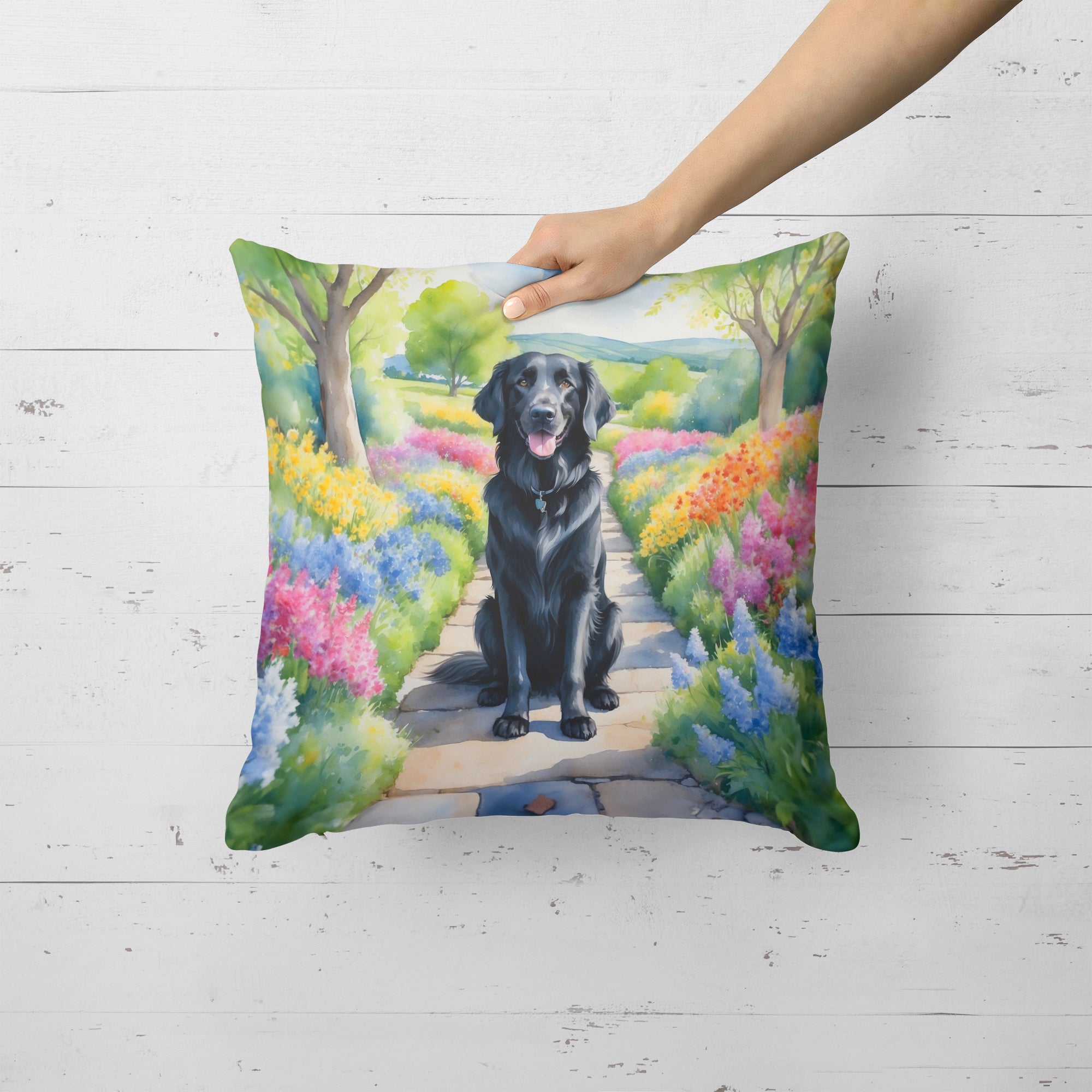 Flat-Coated Retriever Spring Path Decorative Throw Pillow 18x18 Indoor Outdoor Accent Cushion, Fabric Cover with Insert for Sofa, Bed, Porch & Living Room