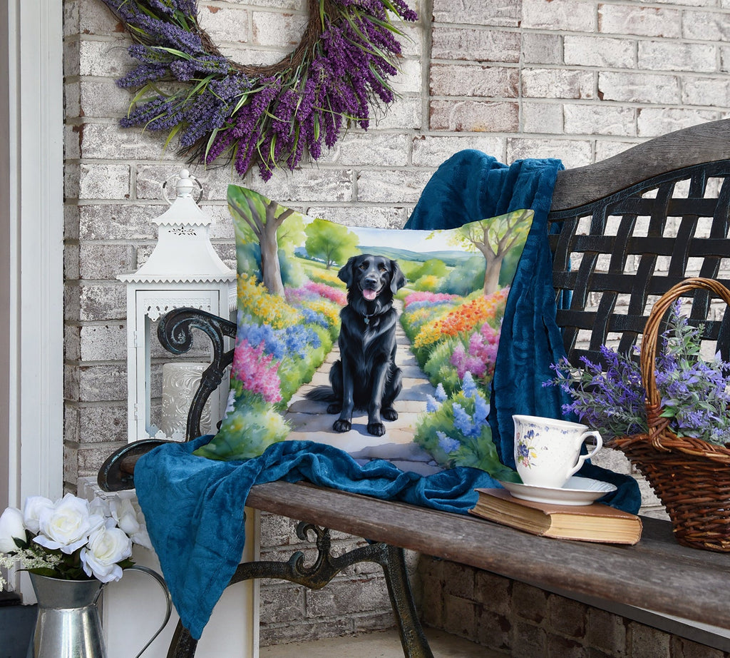 Flat-Coated Retriever Spring Path Decorative Throw Pillow 18x18 Indoor Outdoor Accent Cushion, Fabric Cover with Insert for Sofa, Bed, Porch & Living Room