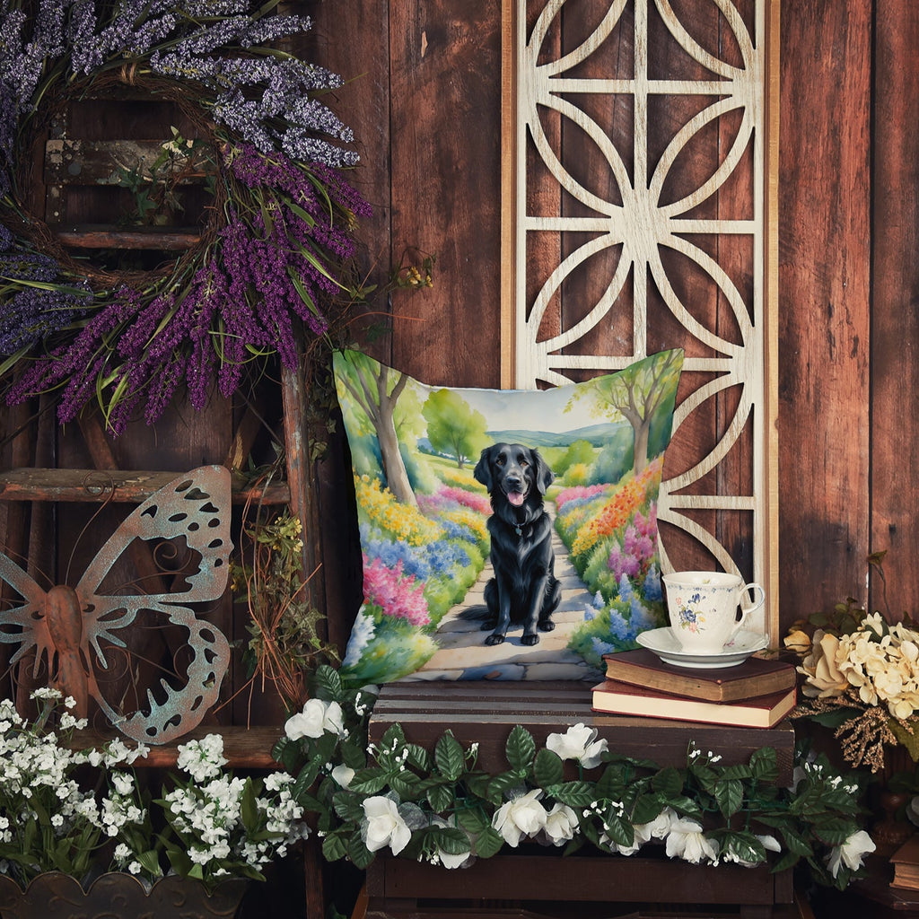 Flat-Coated Retriever Spring Path Decorative Throw Pillow 18x18 Indoor Outdoor Accent Cushion, Fabric Cover with Insert for Sofa, Bed, Porch & Living Room