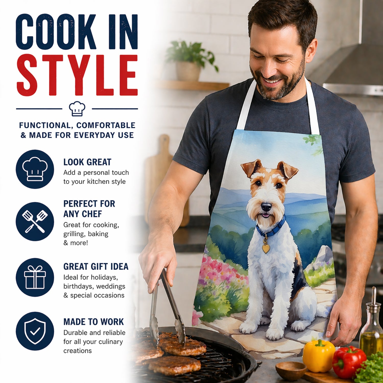 Fox Terrier Spring Path Apron Cooking Kitchen Server Baking Crafts Gardening for Adult Women Men, Unisex, Large, Multicolor