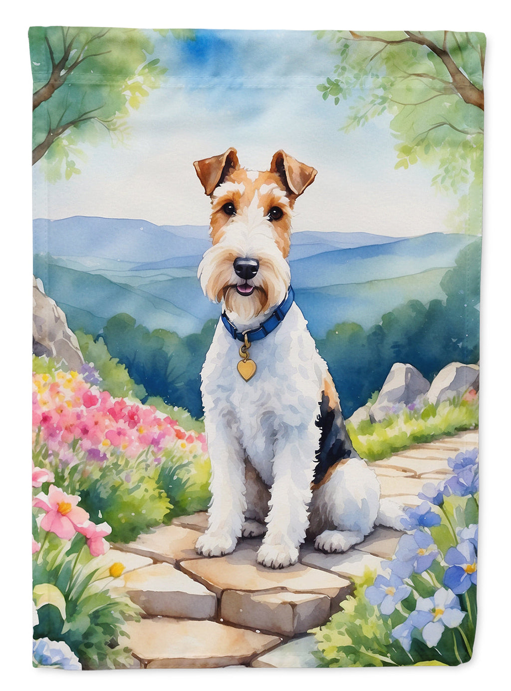 Fox Terrier Spring Path House Flag 28x40 Porch Sleeve Pole Decorative Outside Yard Banner Artwork Wall Hanging, Polyester