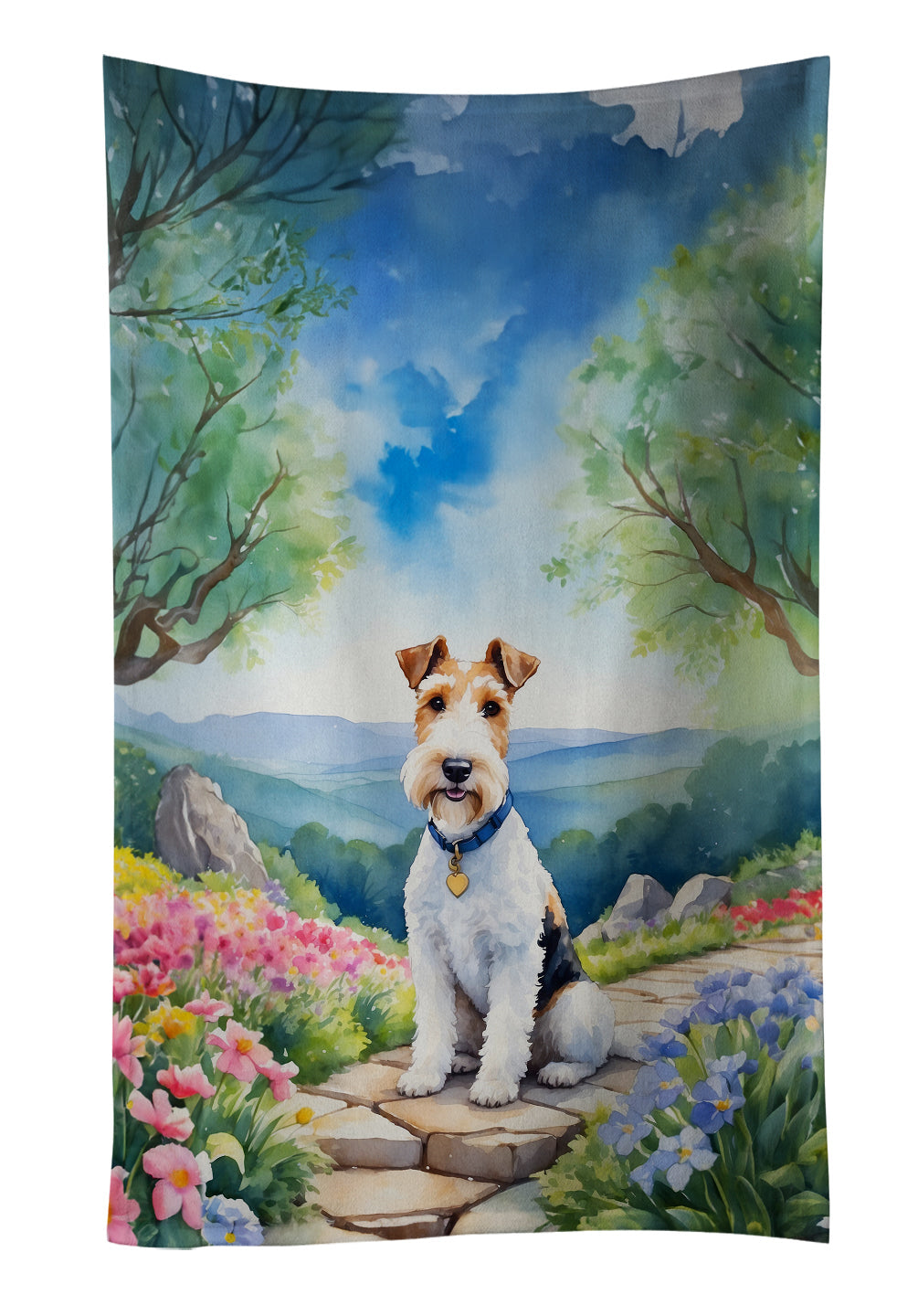 Fox Terrier Spring Path Kitchen Towel Velour Plush Front and Cotton Loop Back Machine Washable