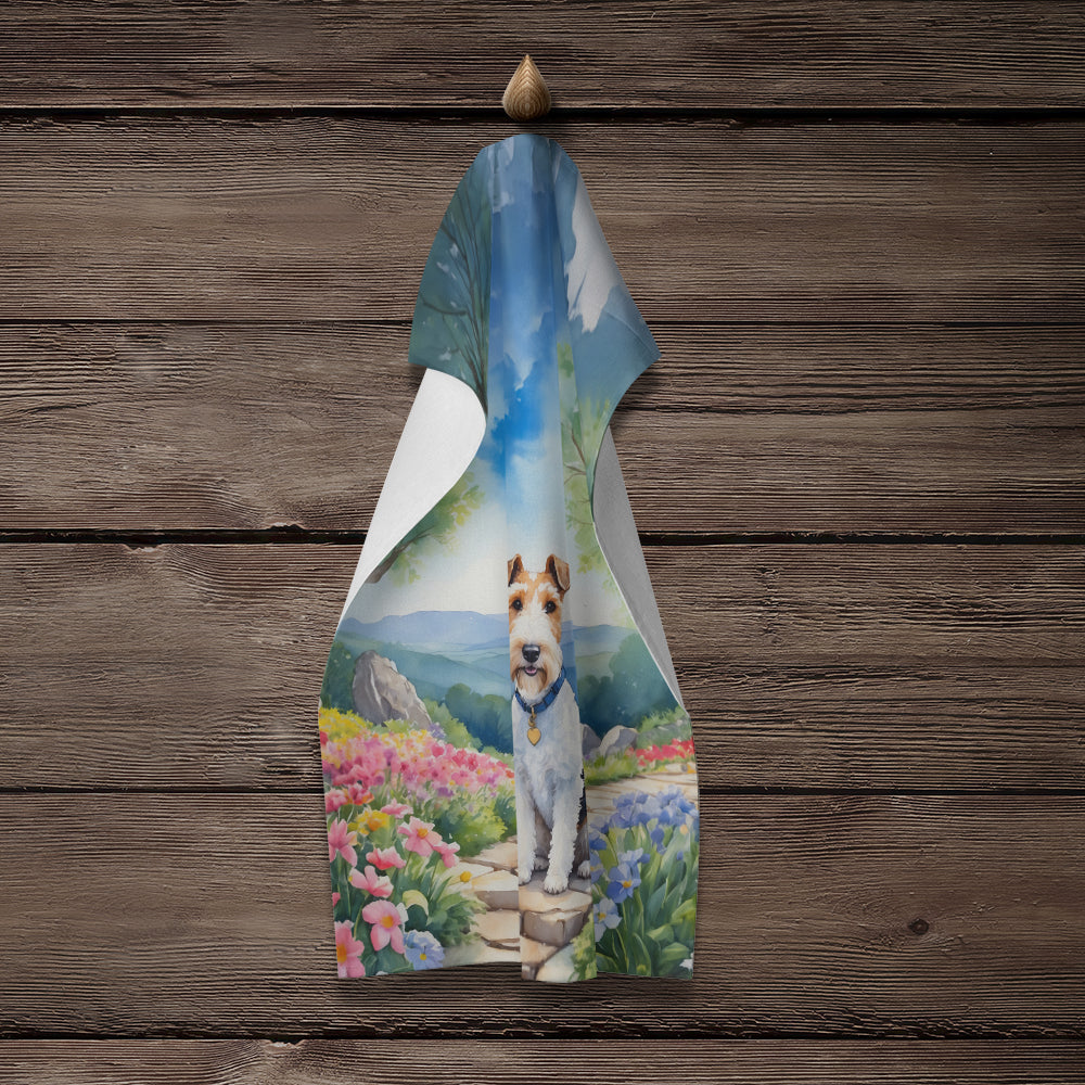 Fox Terrier Spring Path Kitchen Towel Velour Plush Front and Cotton Loop Back Machine Washable