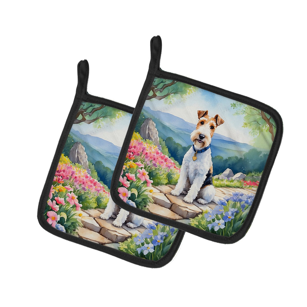 Fox Terrier Spring Path Pot Holder Set of 2 Heat Resistant Quilted Hot Pads 7.5 x 7.5 Inch, Insulated Kitchen Trivets for Cooking & Baking