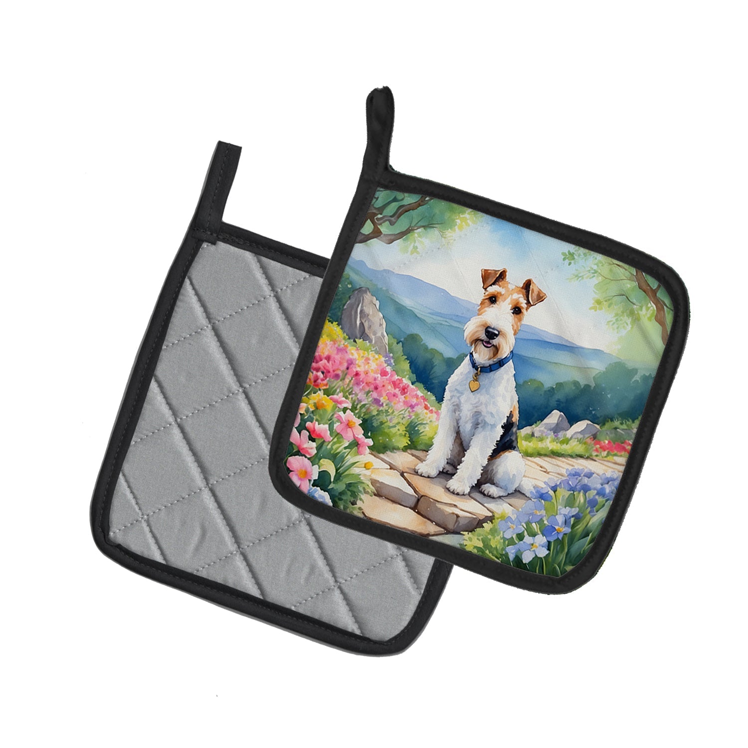 Fox Terrier Spring Path Pot Holder Set of 2 Heat Resistant Quilted Hot Pads 7.5 x 7.5 Inch, Insulated Kitchen Trivets for Cooking & Baking