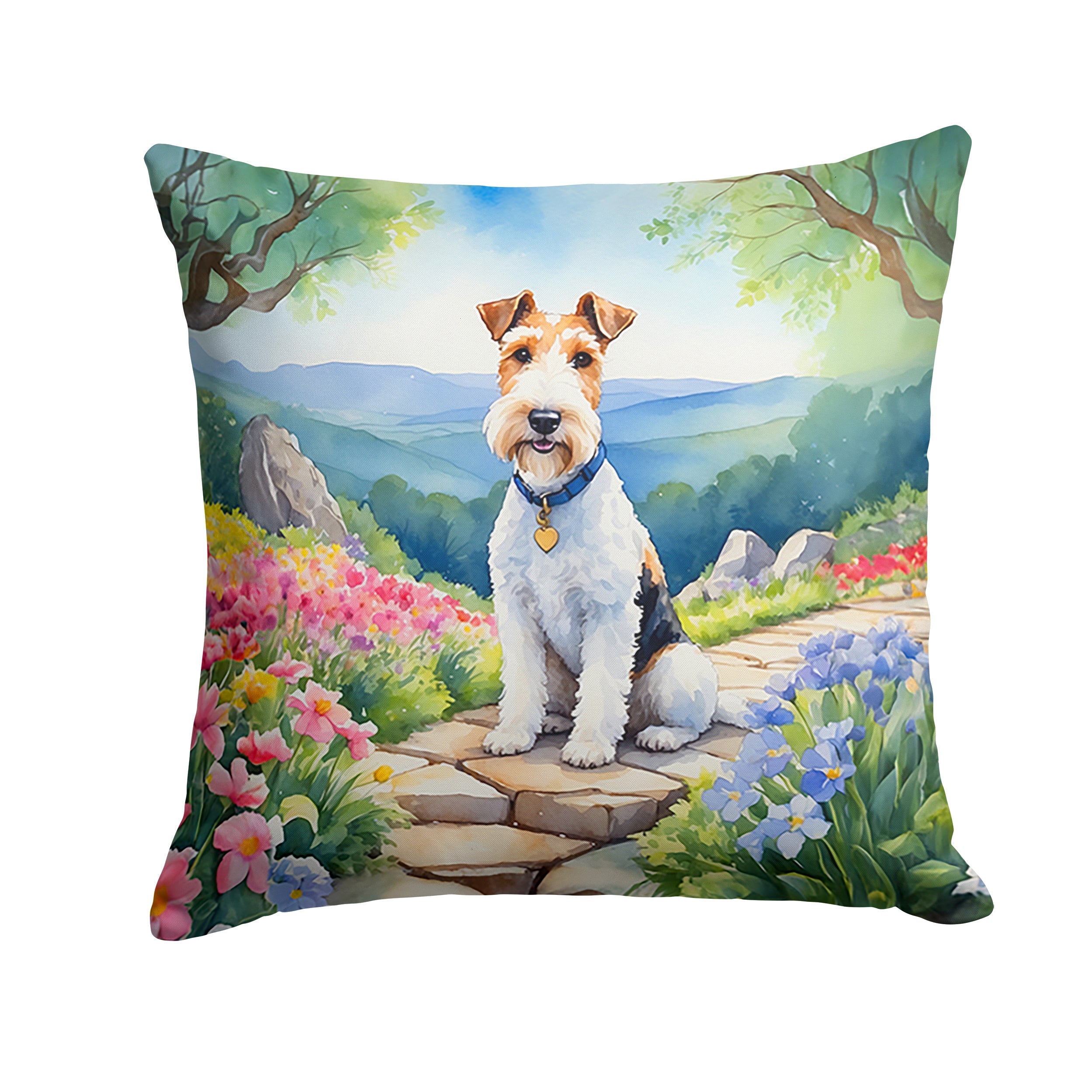 Fox Terrier Spring Path Decorative Throw Pillow 18x18 Indoor Outdoor Accent Cushion, Fabric Cover with Insert for Sofa, Bed, Porch & Living Room