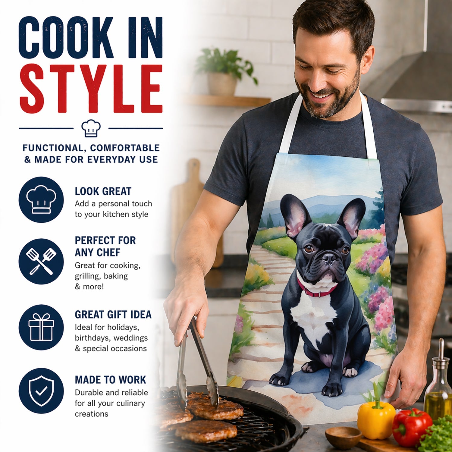 French Bulldog Spring Path Apron Cooking Kitchen Server Baking Crafts Gardening for Adult Women Men, Unisex, Large, Multicolor