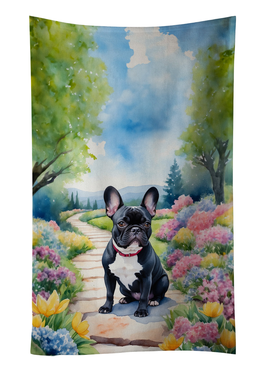 French Bulldog Spring Path Kitchen Towel Velour Plush Front and Cotton Loop Back Machine Washable