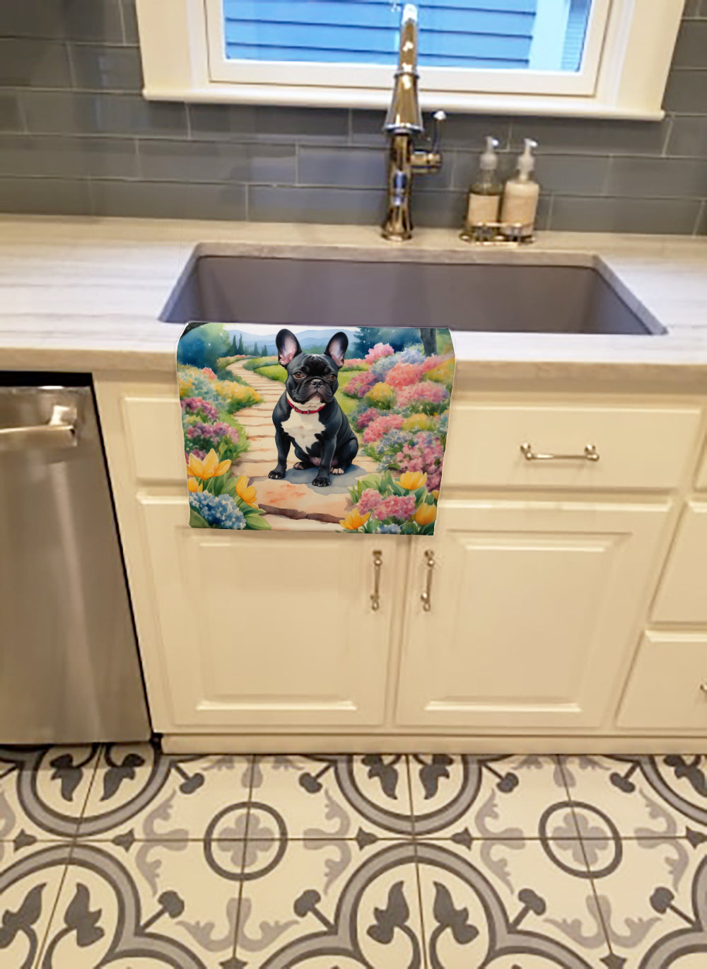 French Bulldog Spring Path Kitchen Towel Velour Plush Front and Cotton Loop Back Machine Washable