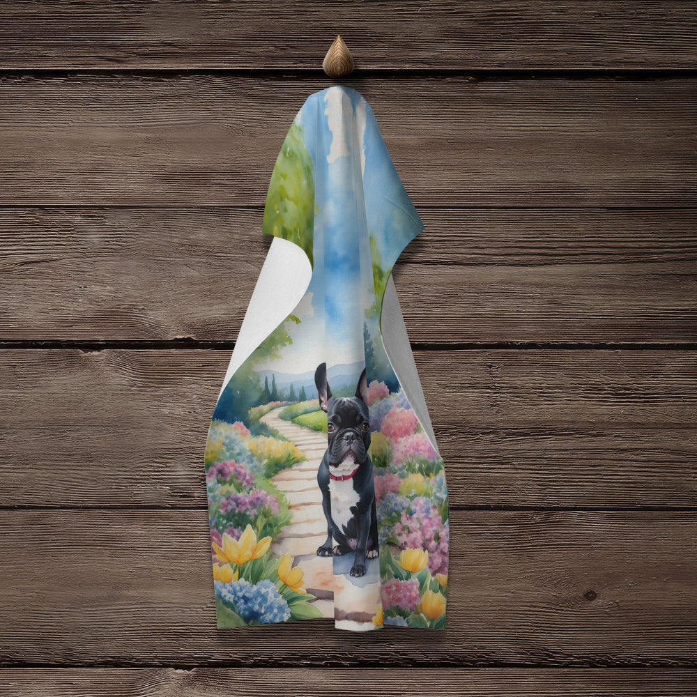 French Bulldog Spring Path Kitchen Towel Velour Plush Front and Cotton Loop Back Machine Washable