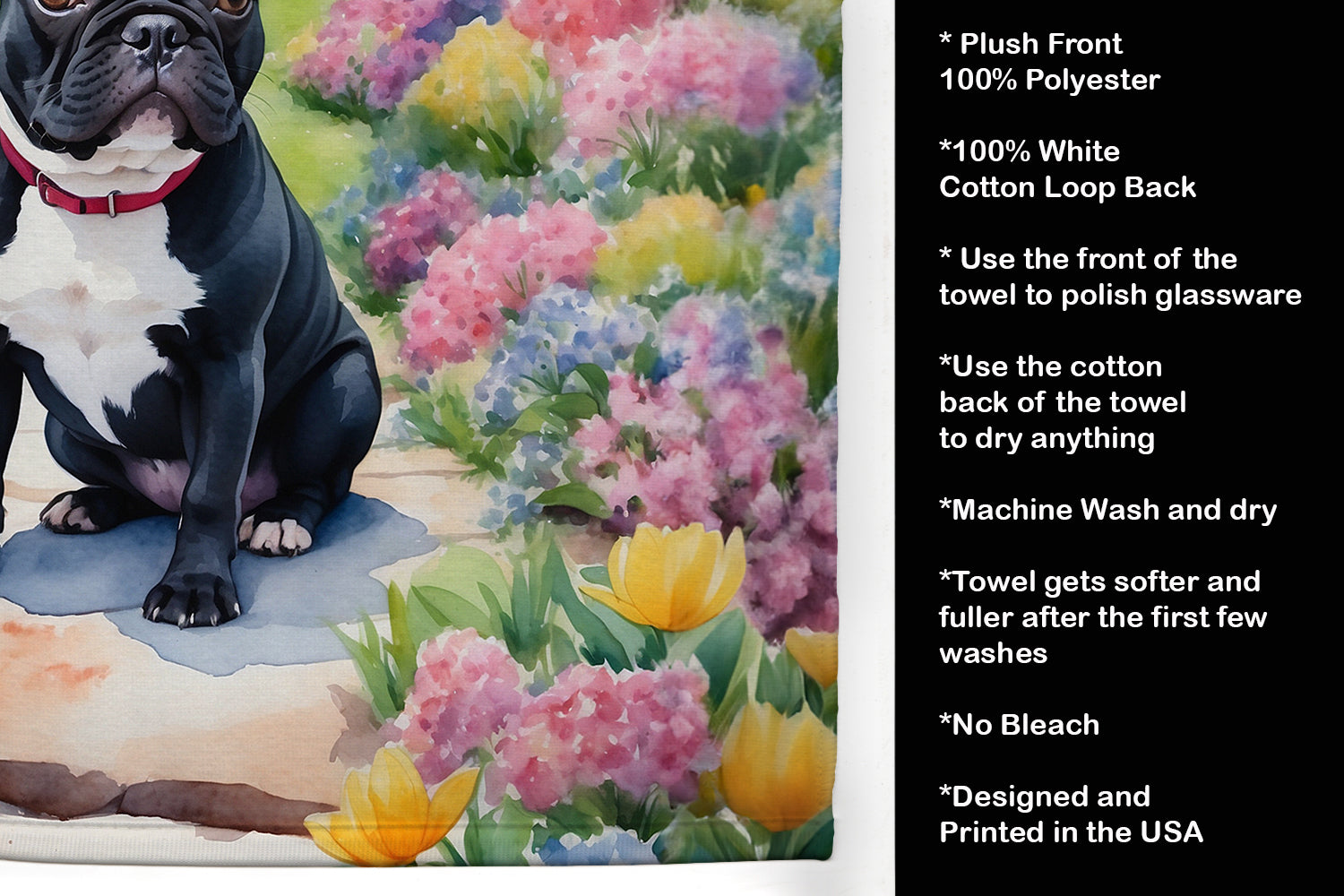 French Bulldog Spring Path Kitchen Towel Velour Plush Front and Cotton Loop Back Machine Washable