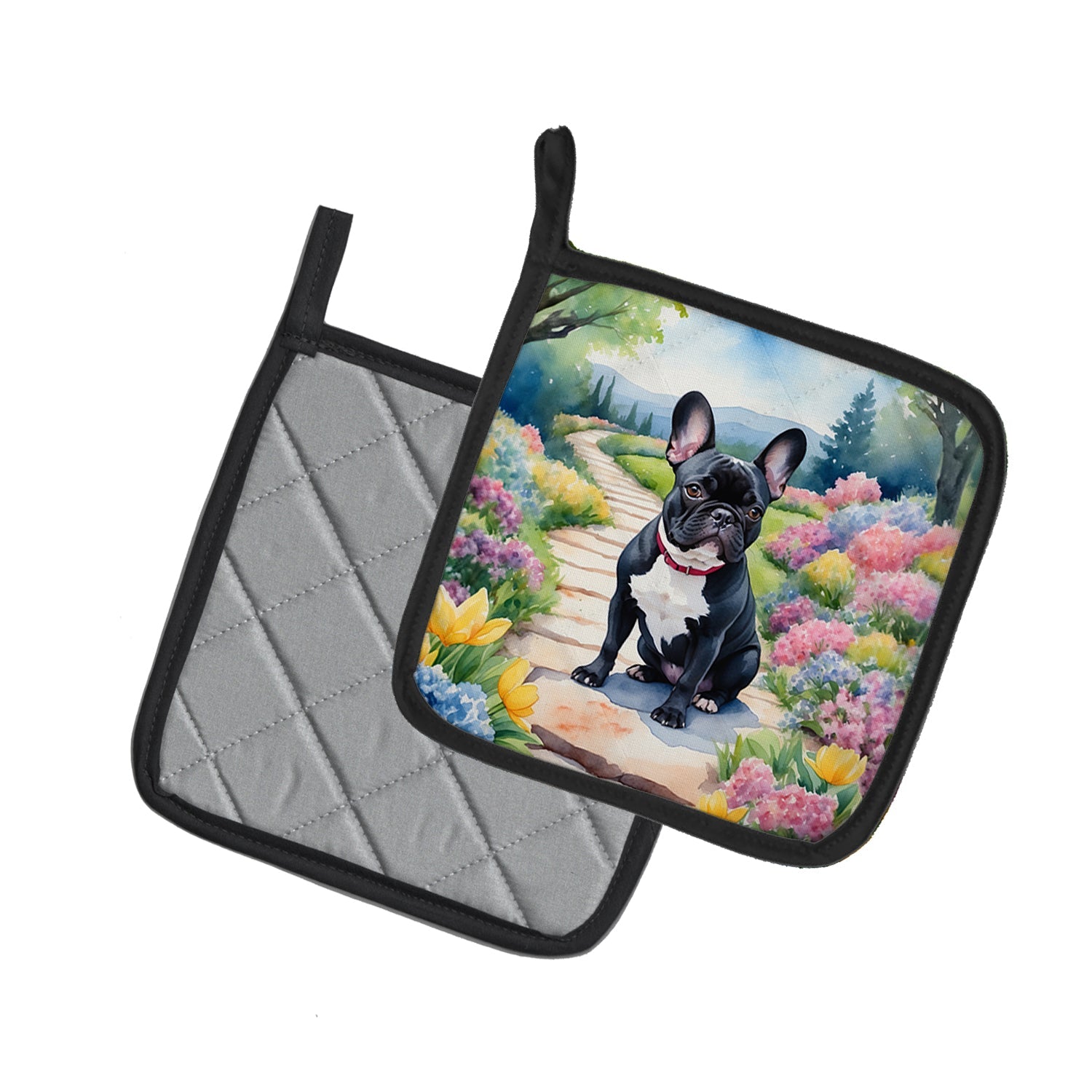 French Bulldog Spring Path Pot Holder Set of 2 Heat Resistant Quilted Hot Pads 7.5 x 7.5 Inch, Insulated Kitchen Trivets for Cooking & Baking