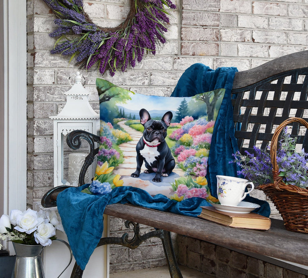 French Bulldog Spring Path Decorative Throw Pillow 18x18 Indoor Outdoor Accent Cushion, Fabric Cover with Insert for Sofa, Bed, Porch & Living Room
