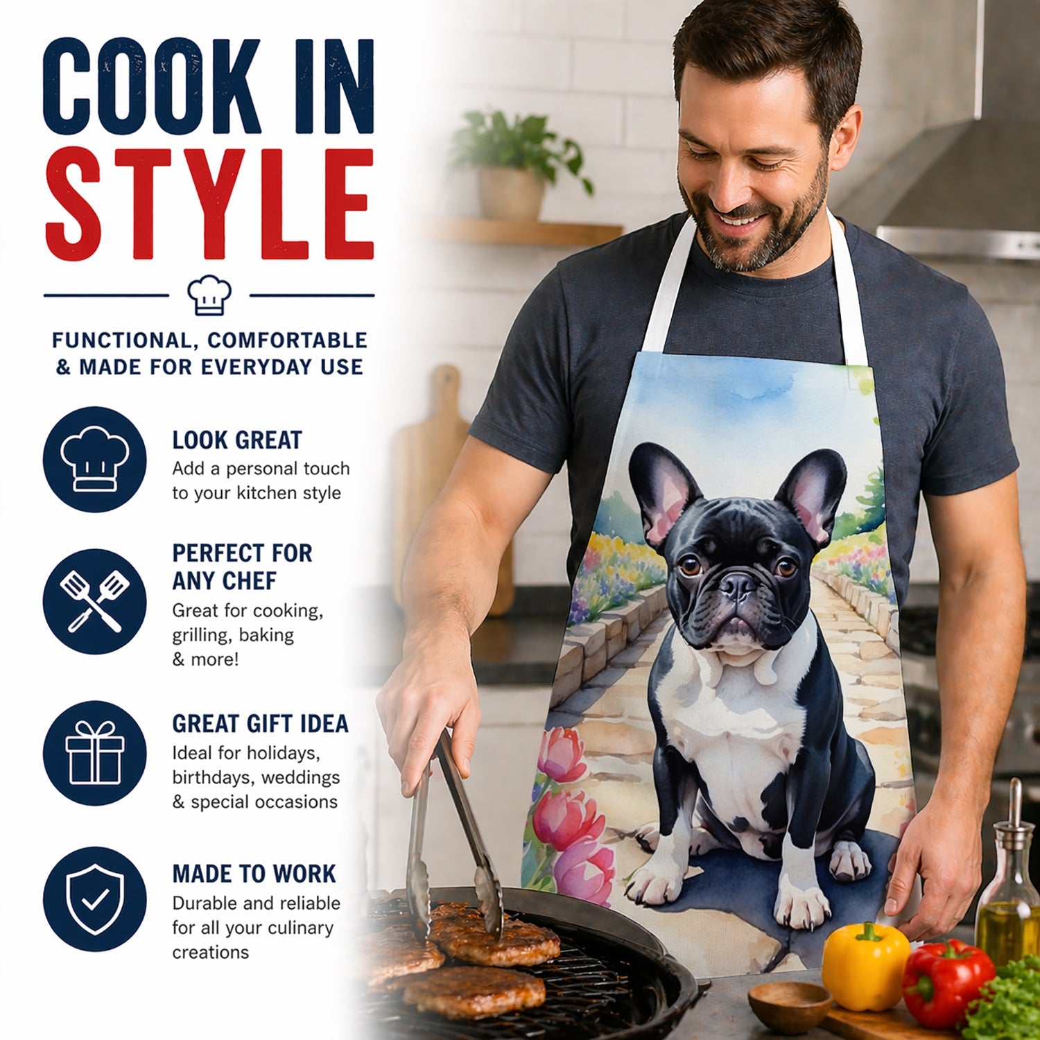 French Bulldog Spring Path Apron Cooking Kitchen Server Baking Crafts Gardening for Adult Women Men, Unisex, Large, Multicolor