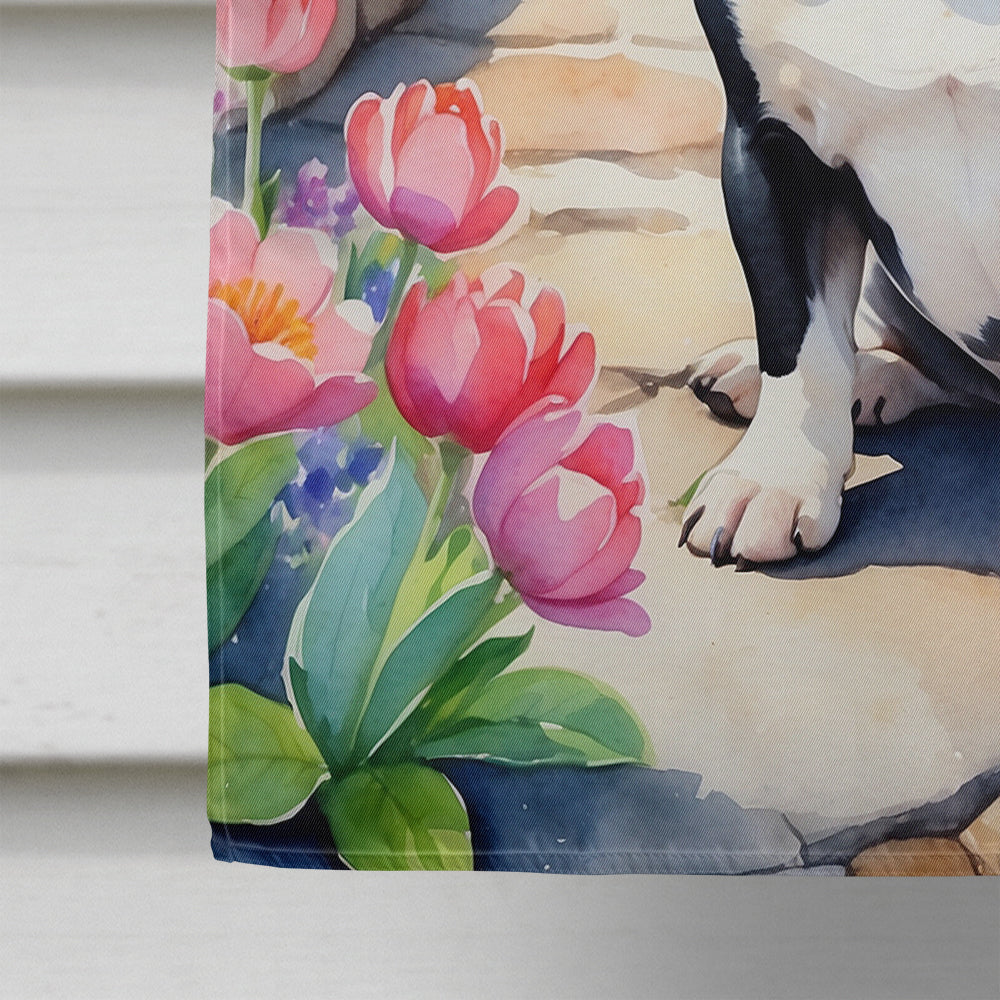 French Bulldog Spring Path House Flag 28x40 Porch Sleeve Pole Decorative Outside Yard Banner Artwork Wall Hanging, Polyester