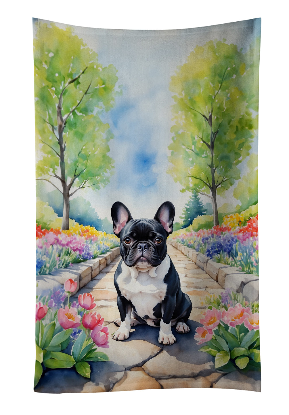 French Bulldog Spring Path Kitchen Towel Velour Plush Front and Cotton Loop Back Machine Washable