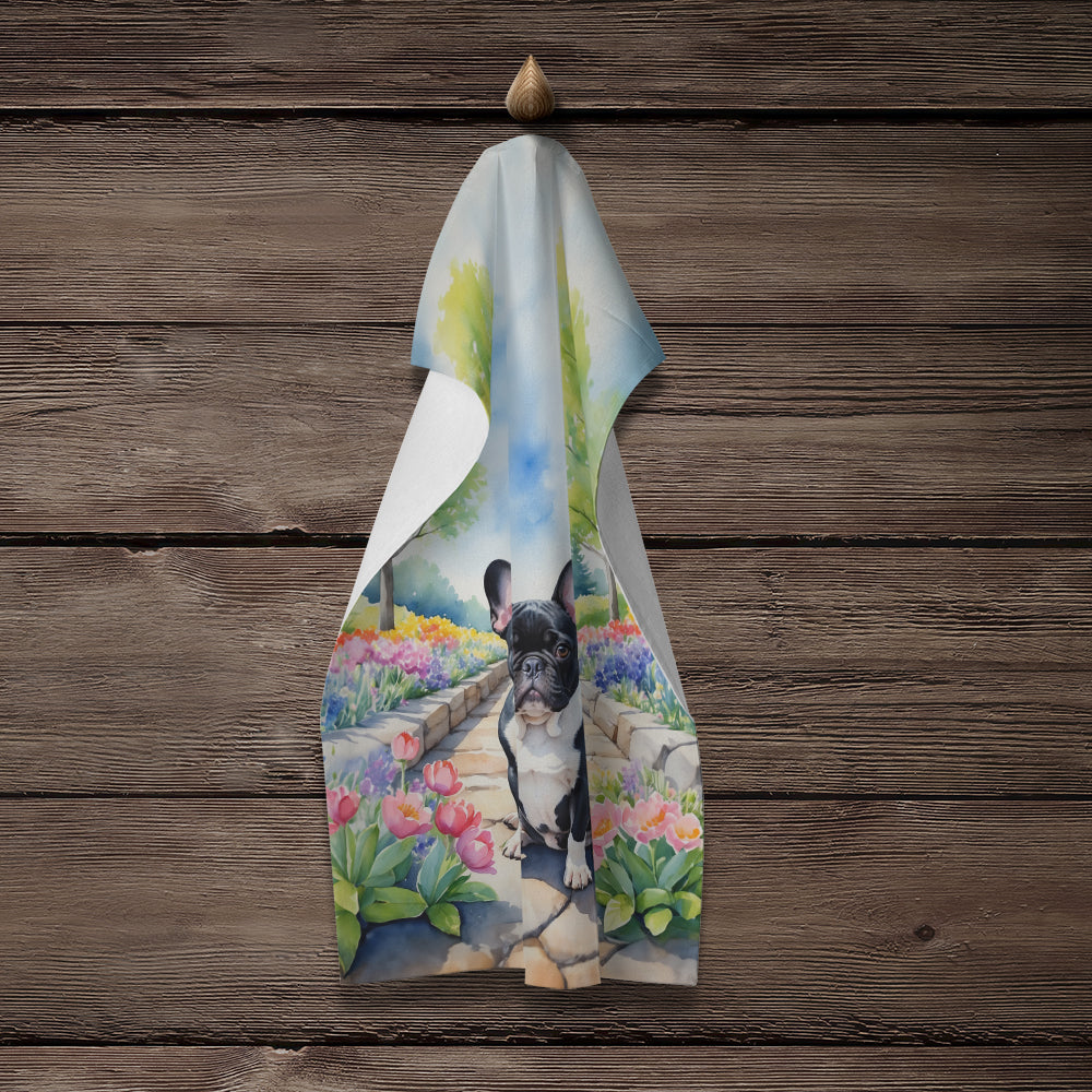 French Bulldog Spring Path Kitchen Towel Velour Plush Front and Cotton Loop Back Machine Washable