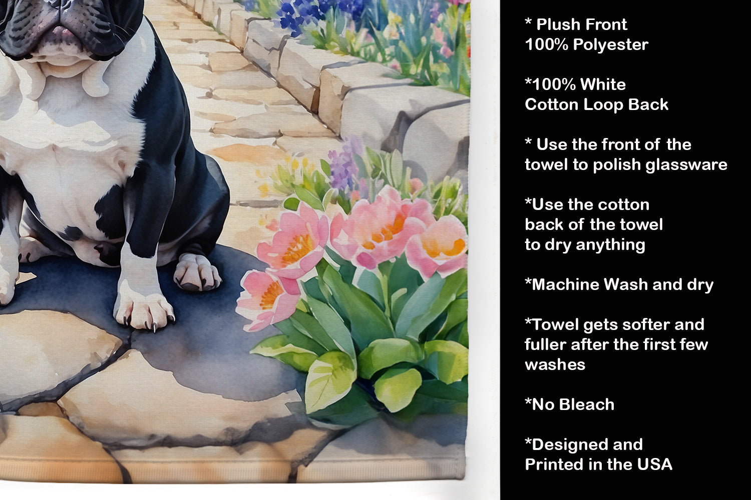 French Bulldog Spring Path Kitchen Towel Velour Plush Front and Cotton Loop Back Machine Washable
