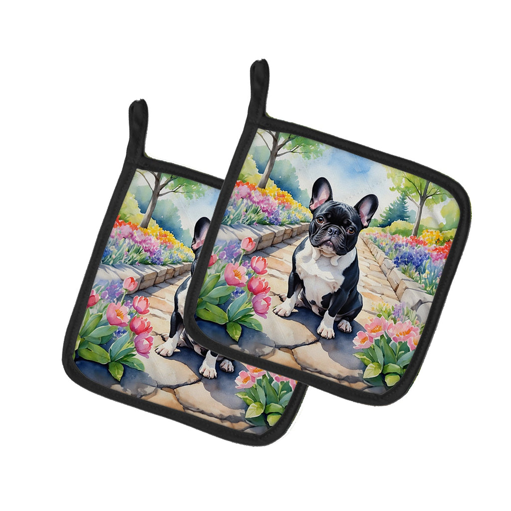 French Bulldog Spring Path Pot Holder Set of 2 Heat Resistant Quilted Hot Pads 7.5 x 7.5 Inch, Insulated Kitchen Trivets for Cooking & Baking